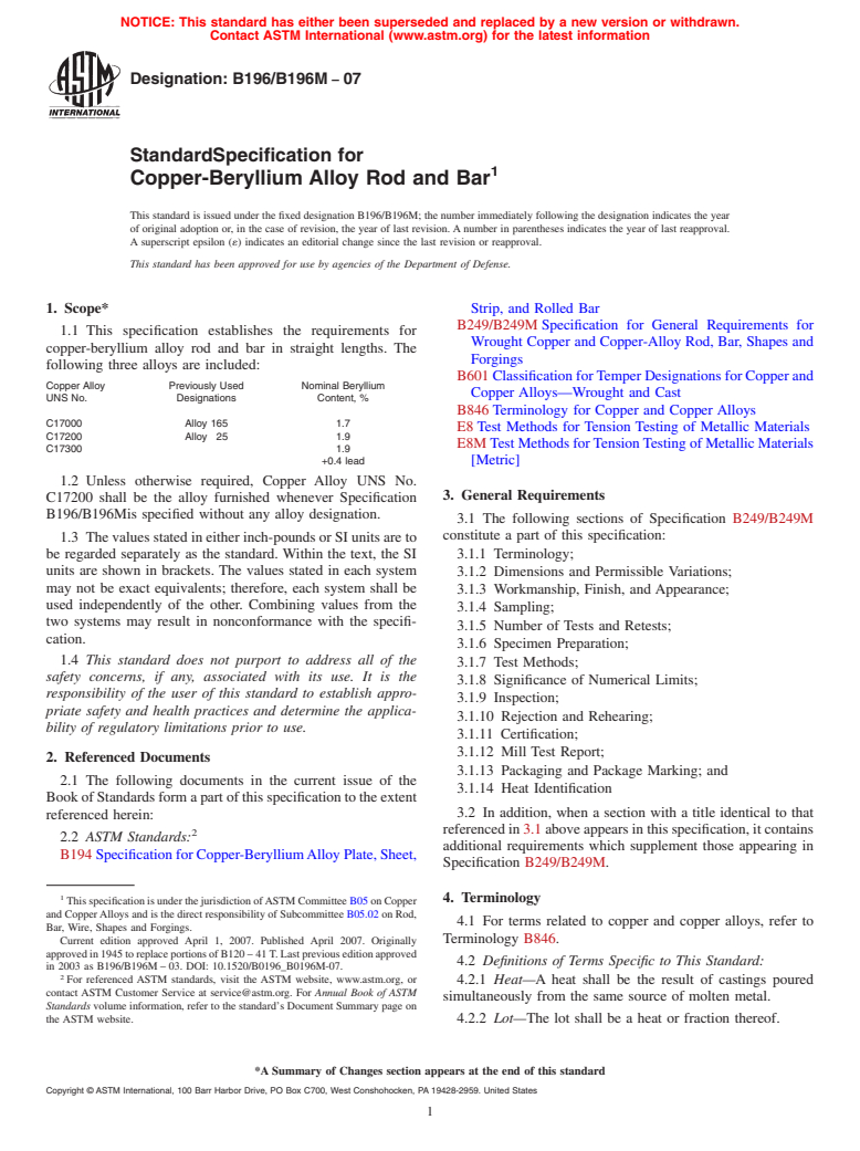 ASTM B196/B196M-07 - Standard Specification for Copper-Beryllium Alloy Rod and Bar