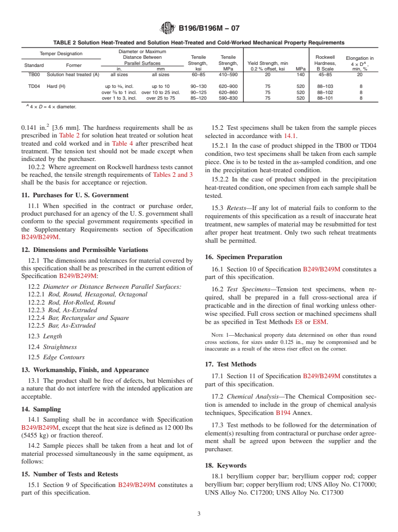 ASTM B196/B196M-07 - Standard Specification for Copper-Beryllium Alloy Rod and Bar