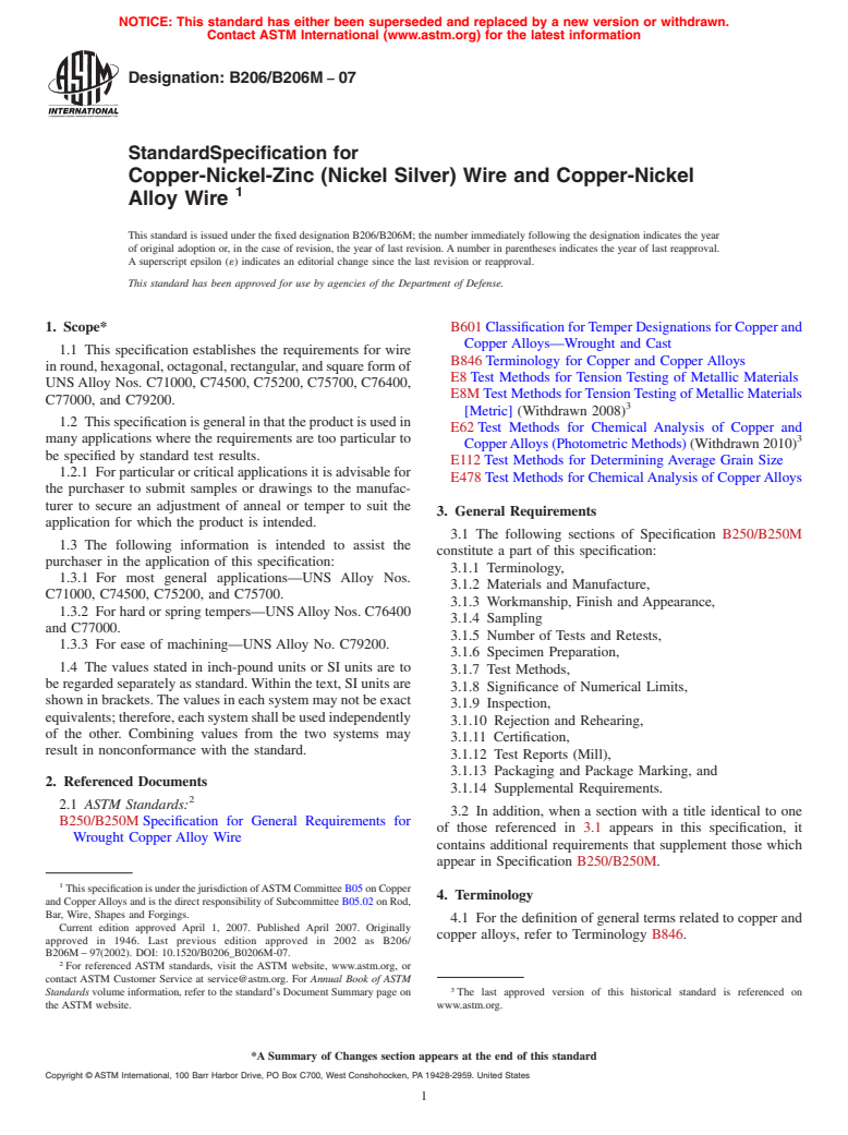 ASTM B206/B206M-07 - Standard Specification for Copper-Nickel-Zinc (Nickel Silver) Wire and Copper-Nickel Alloy Wire