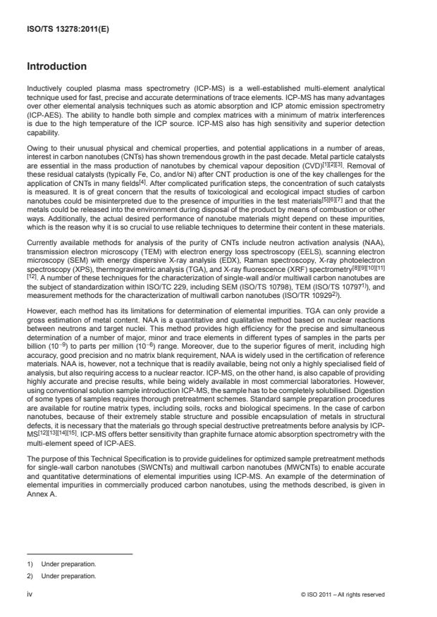 ISO/TS 13278:2011 ISO/TS 13278:2011 - Nanotechnologies -- Determination of elemental impurities in samples of carbon nanotubes using inductively coupled plasma mass spectrometry - Page 4 preview