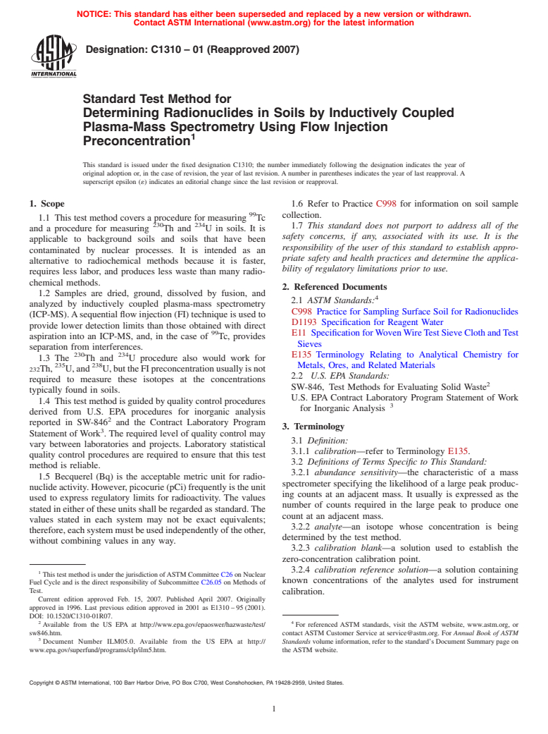 ASTM C1310-01(2007) - Standard Test Method for Determining Radionuclides in Soils by Inductively Coupled Plasma-Mass Spectrometry Using Flow Injection Preconcentration (Withdrawn 2011)