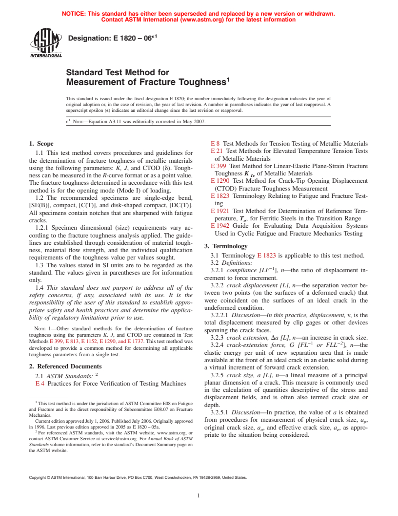 ASTM E1820-06e1 - Standard Test Method for Measurement of Fracture Toughness