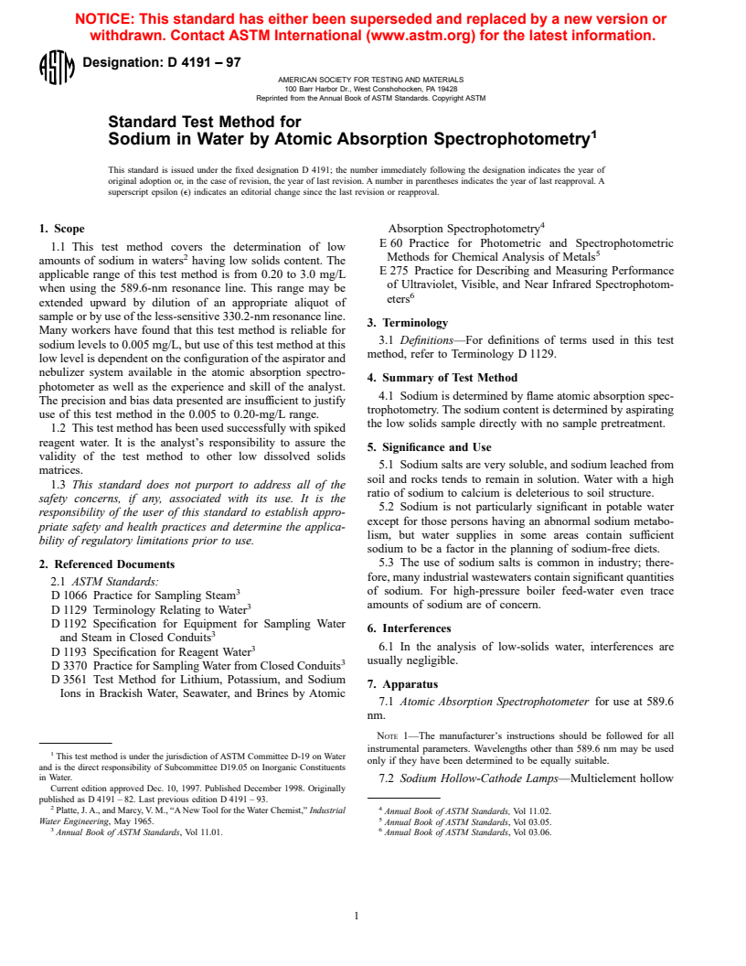 ASTM D4191-97 - Standard Test Method for Sodium in Water by Atomic Absorption Spectrophotometry