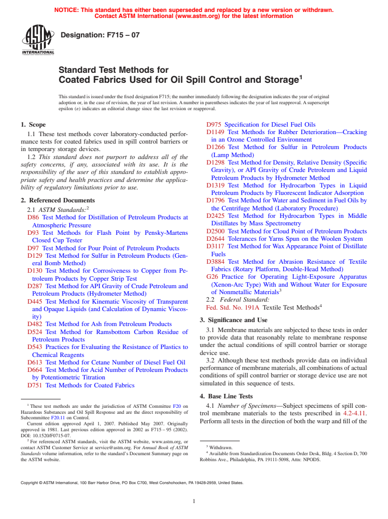 ASTM F715-07 - Standard Test Methods for Coated Fabrics Used for Oil Spill Control and Storage