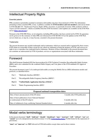 SIST EN 303 146-3 V1.3.1:2018 ETSI EN 303 146-3 V1.2.5 (2018-03) - Reconfigurable Radio Systems (RRS); Mobile Device (MD) information models and protocols; Part 3: Unified Radio Application Interface (URAI) - Page 4 preview