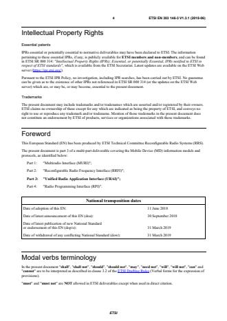 SIST EN 303 146-3 V1.3.1:2018 ETSI EN 303 146-3 V1.3.1 (2018-06) - Reconfigurable Radio Systems (RRS); Mobile Device (MD) information models and protocols; Part 3: Unified Radio Application Interface (URAI) - Page 4 preview