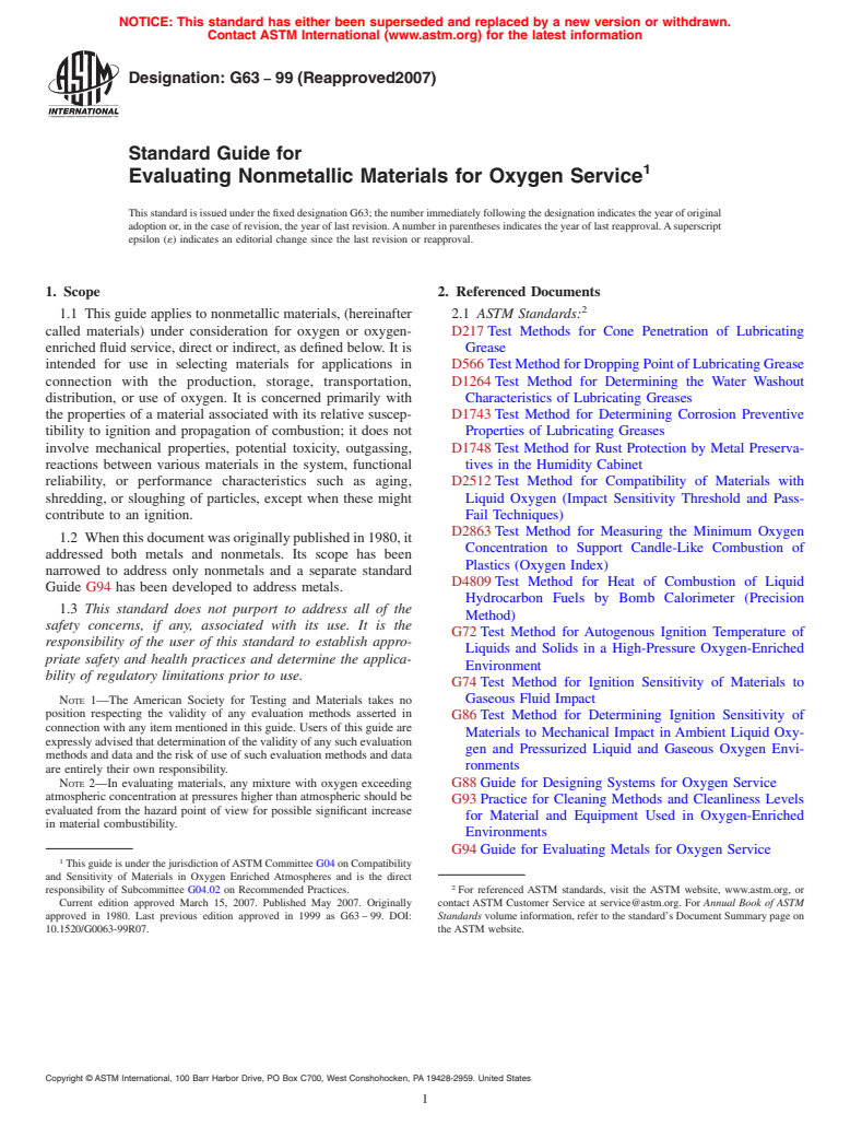 ASTM G63-99(2007) - Standard Guide for Evaluating Nonmetallic Materials for Oxygen Service