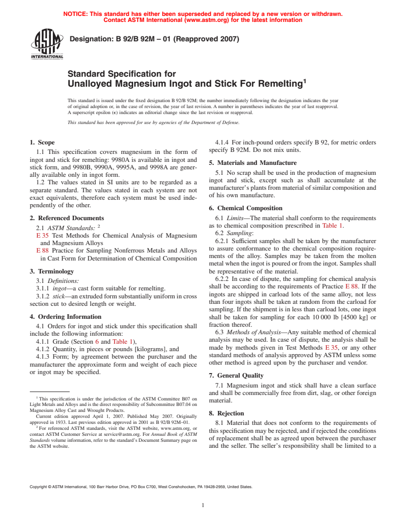 ASTM B92/B92M-01(2007) - Standard Specification for Unalloyed Magnesium Ingot and Stick For Remelting