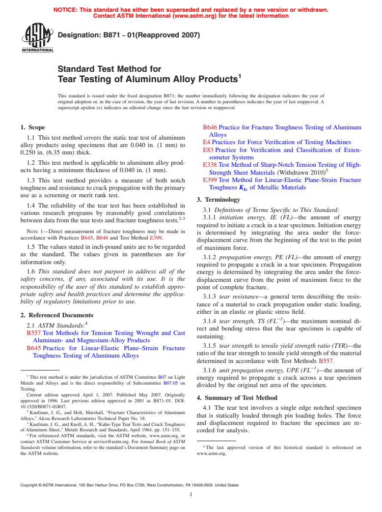 ASTM B871-01(2007) - Standard Test Method for Tear Testing of Aluminum Alloy Products