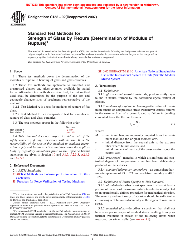 ASTM C158-02(2007) - Standard Test Methods for Strength of Glass by Flexure (Determination of Modulus of Rupture)