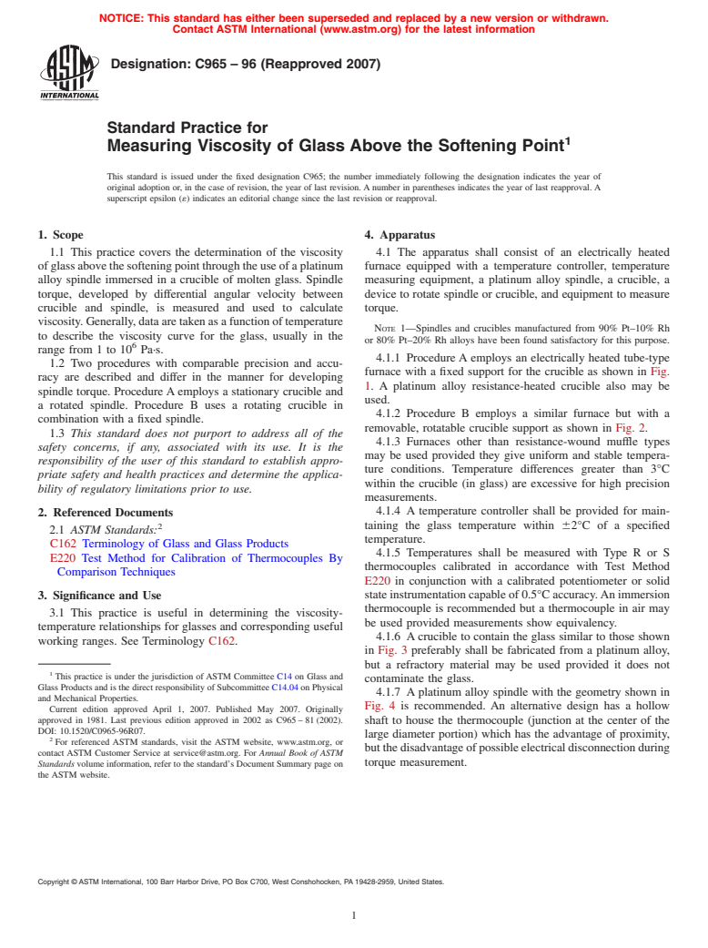 ASTM C965-96(2007) - Standard Practice for Measuring Viscosity of Glass Above the Softening Point