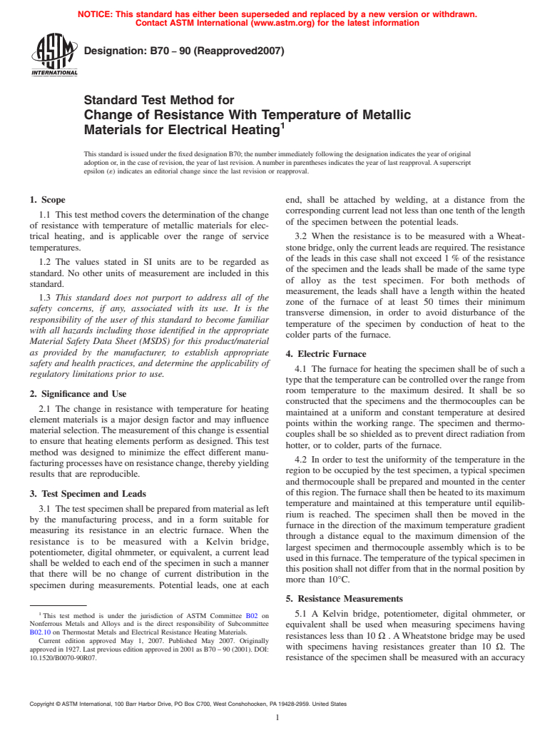 ASTM B70-90(2007) - Standard Test Method for Change of Resistance With Temperature of Metallic Materials for Electrical Heating