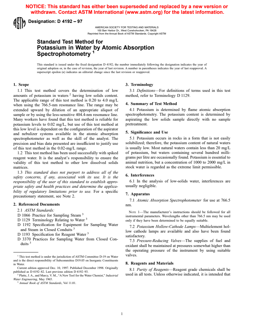 ASTM D4192-97 - Standard Test Method for Potassium in Water by Atomic Absorption Spectrophotometry