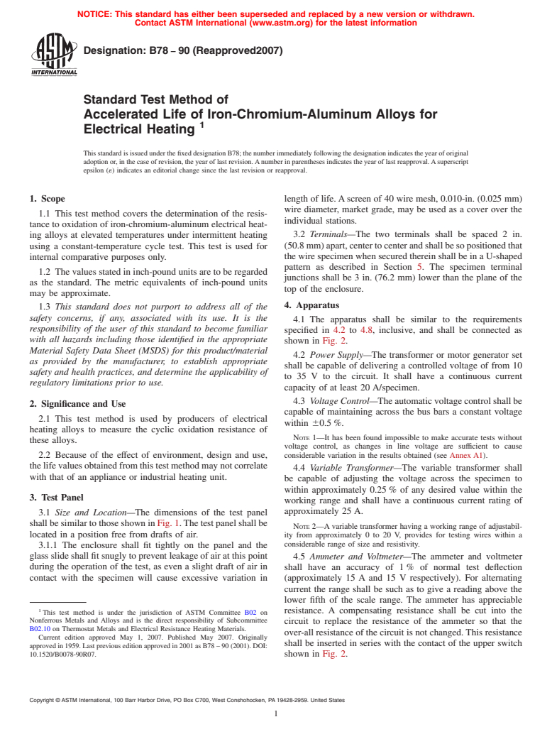 ASTM B78-90(2007) - Standard Test Method of Accelerated Life of Iron-Chromium-Aluminum Alloys for Electrical Heating