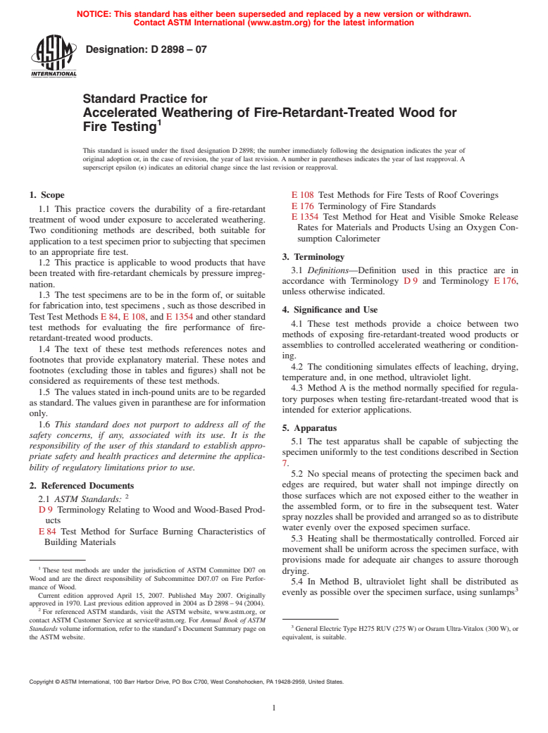 ASTM D2898-07 - Standard Practice for Accelerated Weathering of Fire-Retardant-Treated Wood for Fire Testing