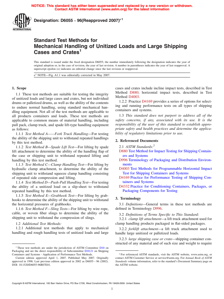 ASTM D6055-96(2007)e1 - Standard Test Methods for Mechanical Handling of Unitized Loads and Large Shipping Cases and Crates