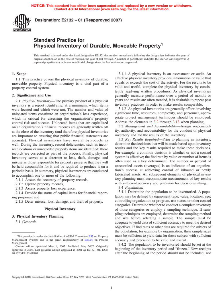 ASTM E2132-01(2007) - Standard Practice for Physical Inventory of Durable, Moveable Property