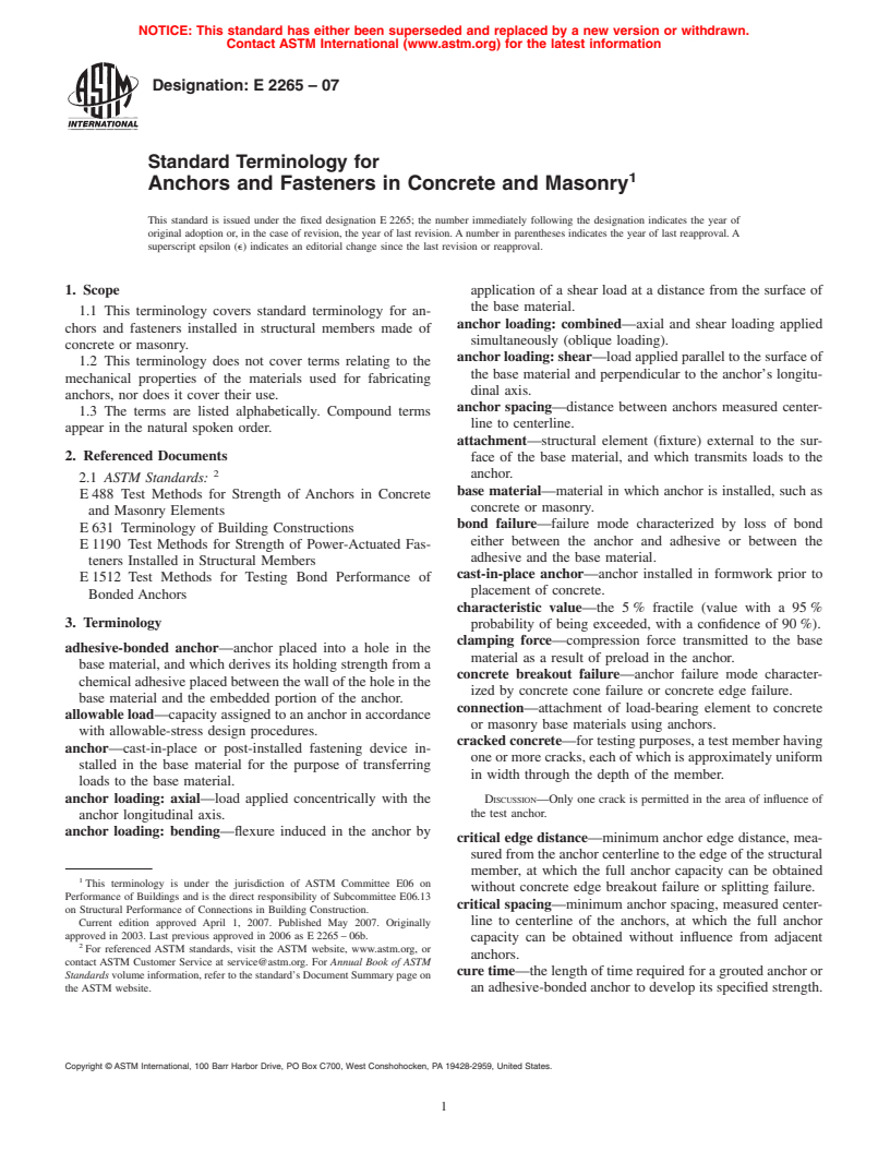 ASTM E2265-07 - Standard Terminology for Anchors and Fasteners in Concrete and Masonry