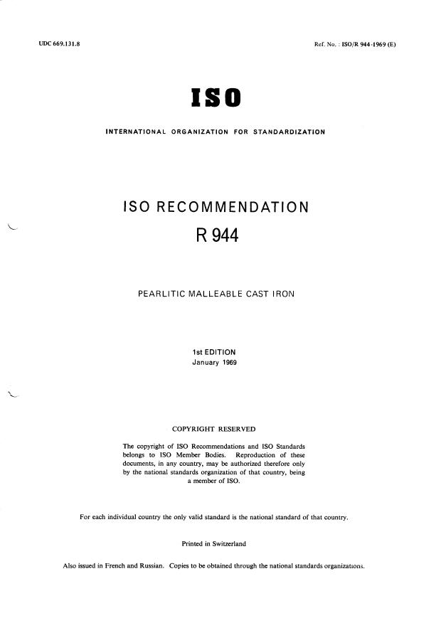 ISO/R 944:1969 - Pearlitic malleable cast iron