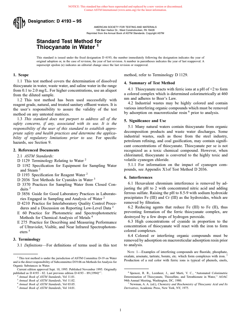 ASTM D4193-95 - Standard Test Method for Thiocyanate in Water