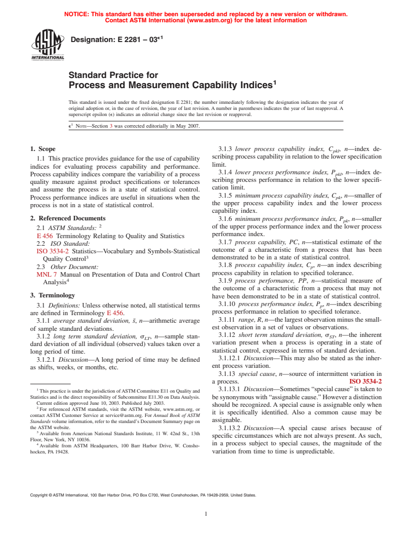 ASTM E2281-03e1 - Standard Practice for Process and Measurement Capability Indices