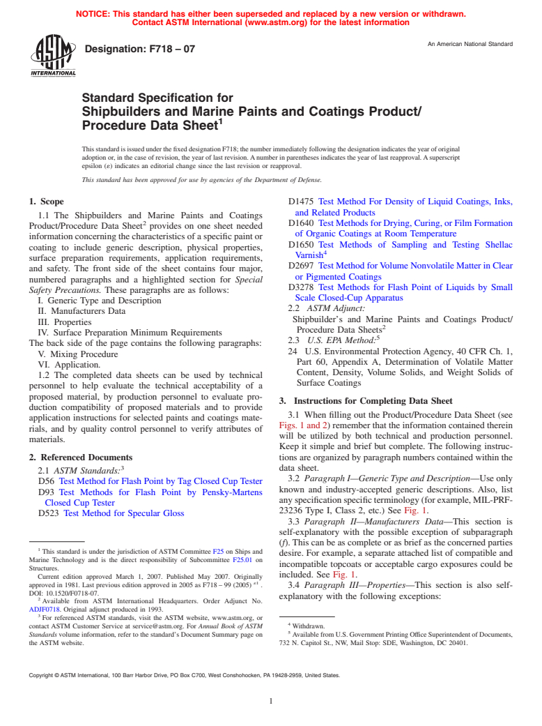 ASTM F718-07 - Standard for Shipbuilders and Marine Paints and Coatings Product/Procedure Data Sheet