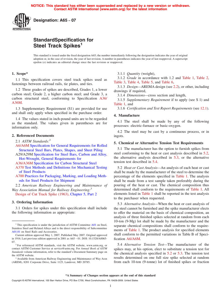 ASTM A65-07 - Standard Specification for Steel Track Spikes