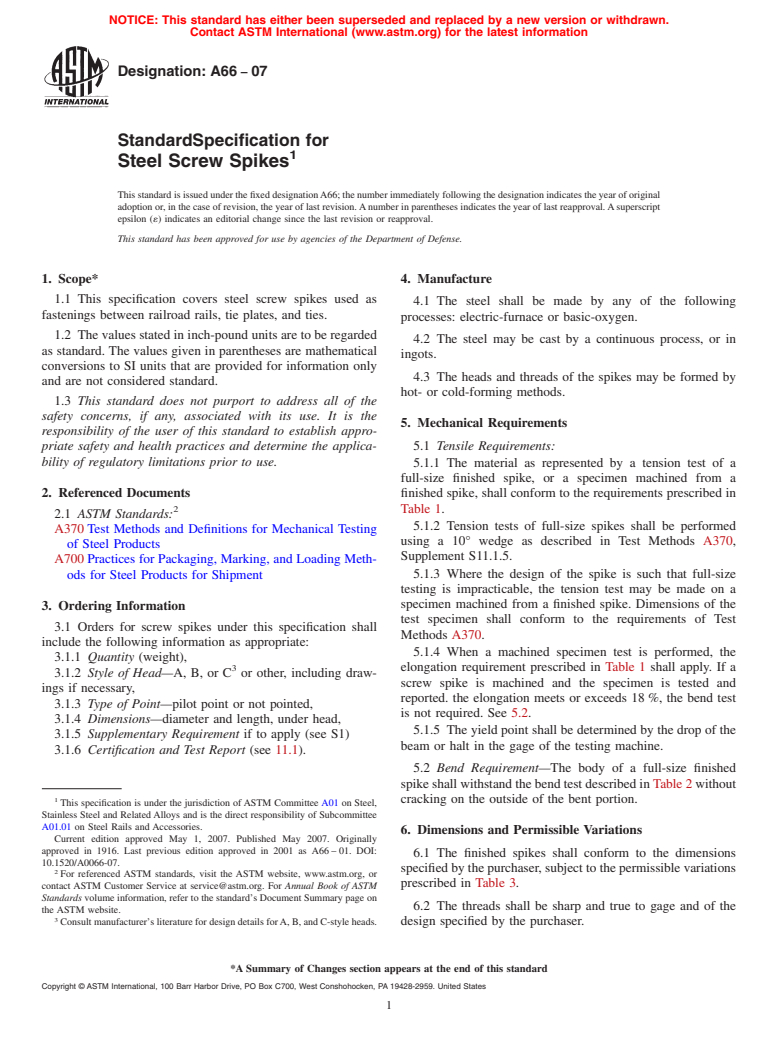 ASTM A66-07 - Standard Specification for Steel Screw Spikes