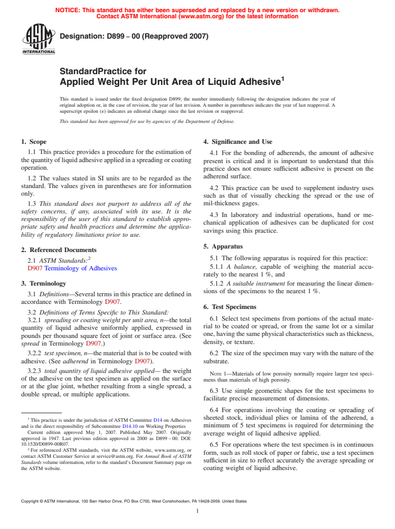 ASTM D899-00(2007) - Standard Practice for Applied Weight Per Unit Area of Liquid Adhesive