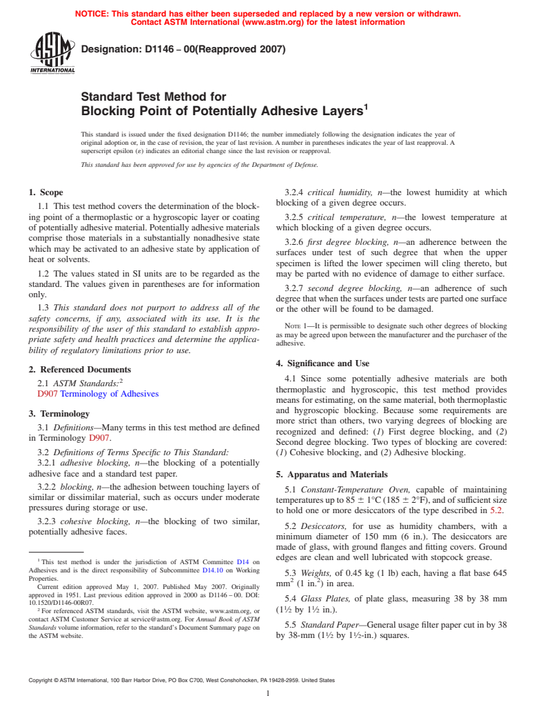 ASTM D1146-00(2007) - Standard Test Method for Blocking Point of Potentially Adhesive Layers