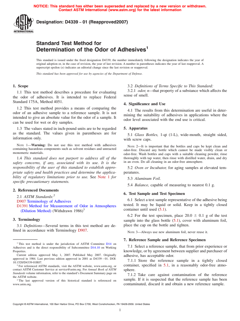 ASTM D4339-01(2007) - Standard Test Method for Determination of the Odor of Adhesives