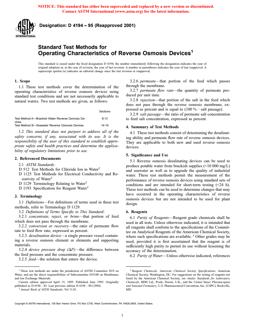 ASTM D4194-95(2001) - Standard Test Methods for Operating Characteristics of Reverse Osmosis Devices