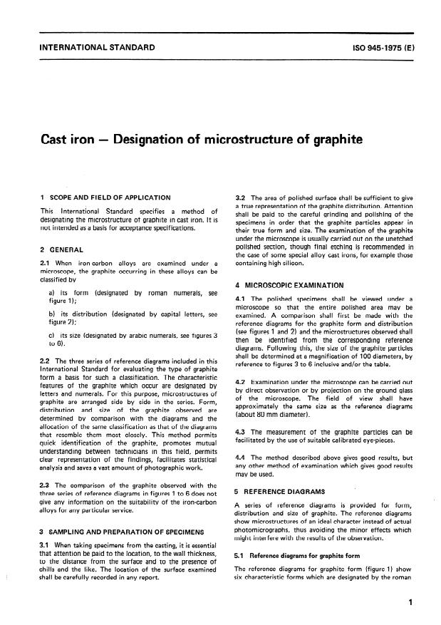 ISO 945:1975 - Cast iron -- Designation of microstructure of graphite