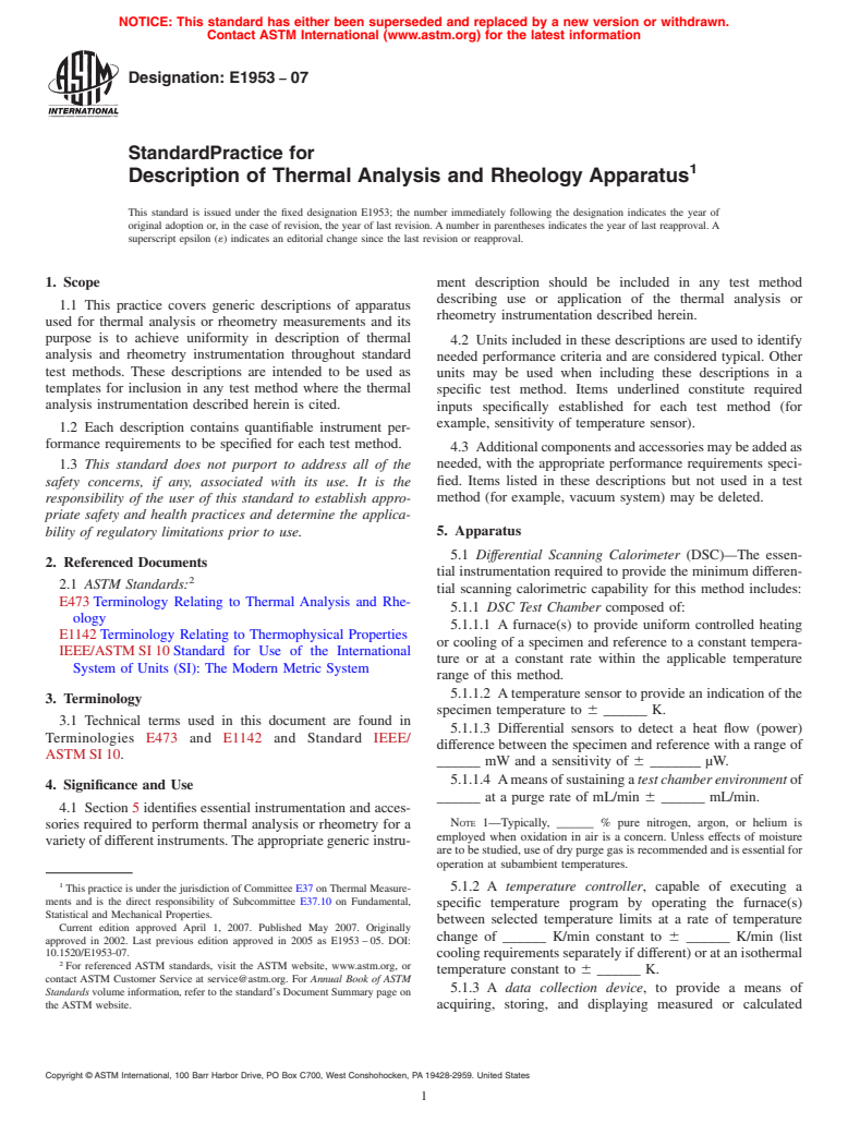 ASTM E1953-07 - Standard Practice for Description of Thermal Analysis and Rheology Apparatus