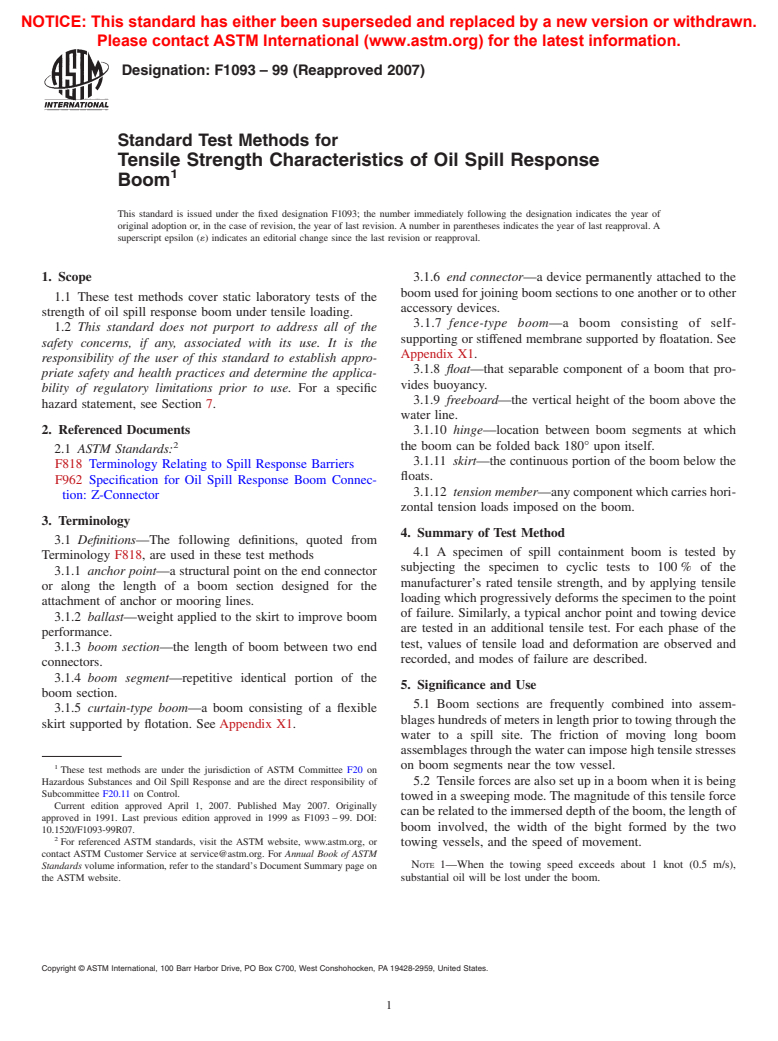 ASTM F1093-99(2007) - Standard Test Methods for Tensile Strength Characteristics of Oil Spill Response Boom