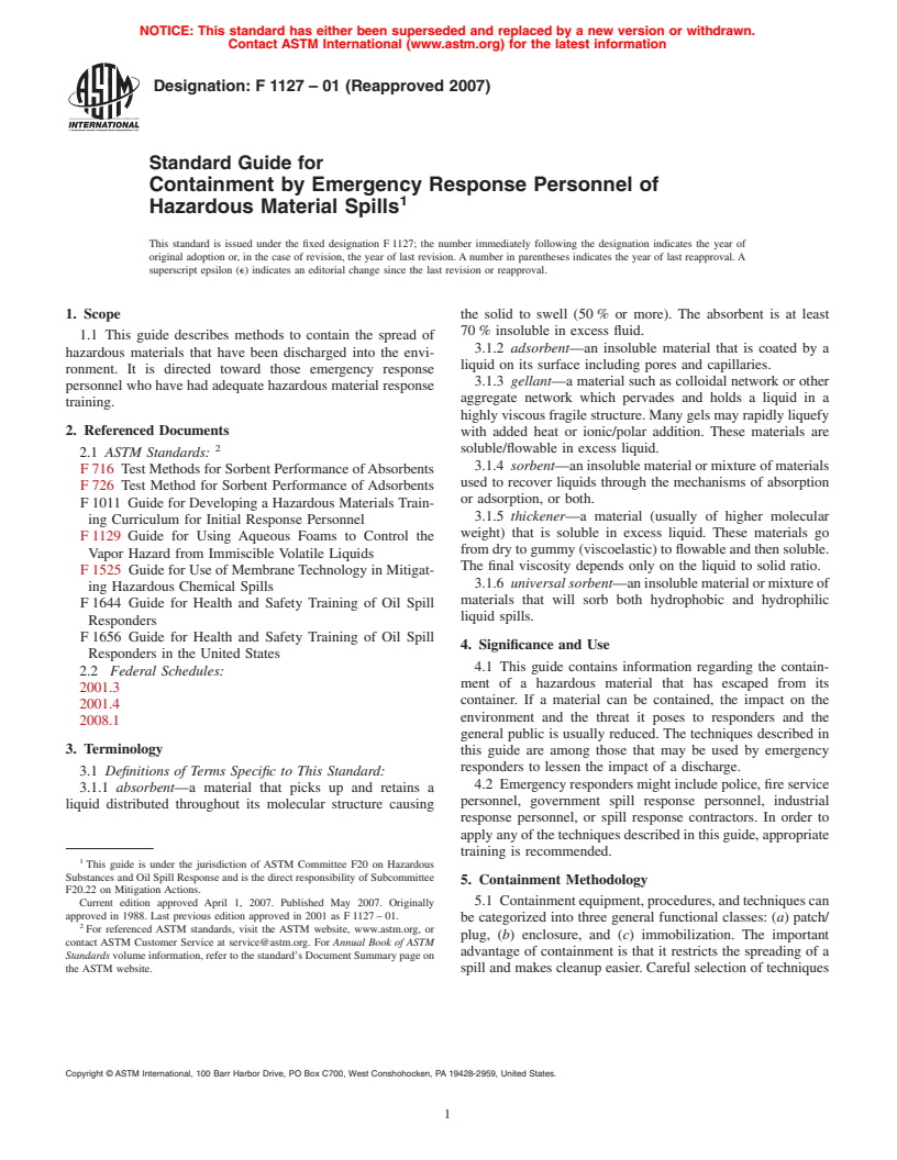 ASTM F1127-01(2007) - Standard Guide for Containment by Emergency Response Personnel of Hazardous Material Spills