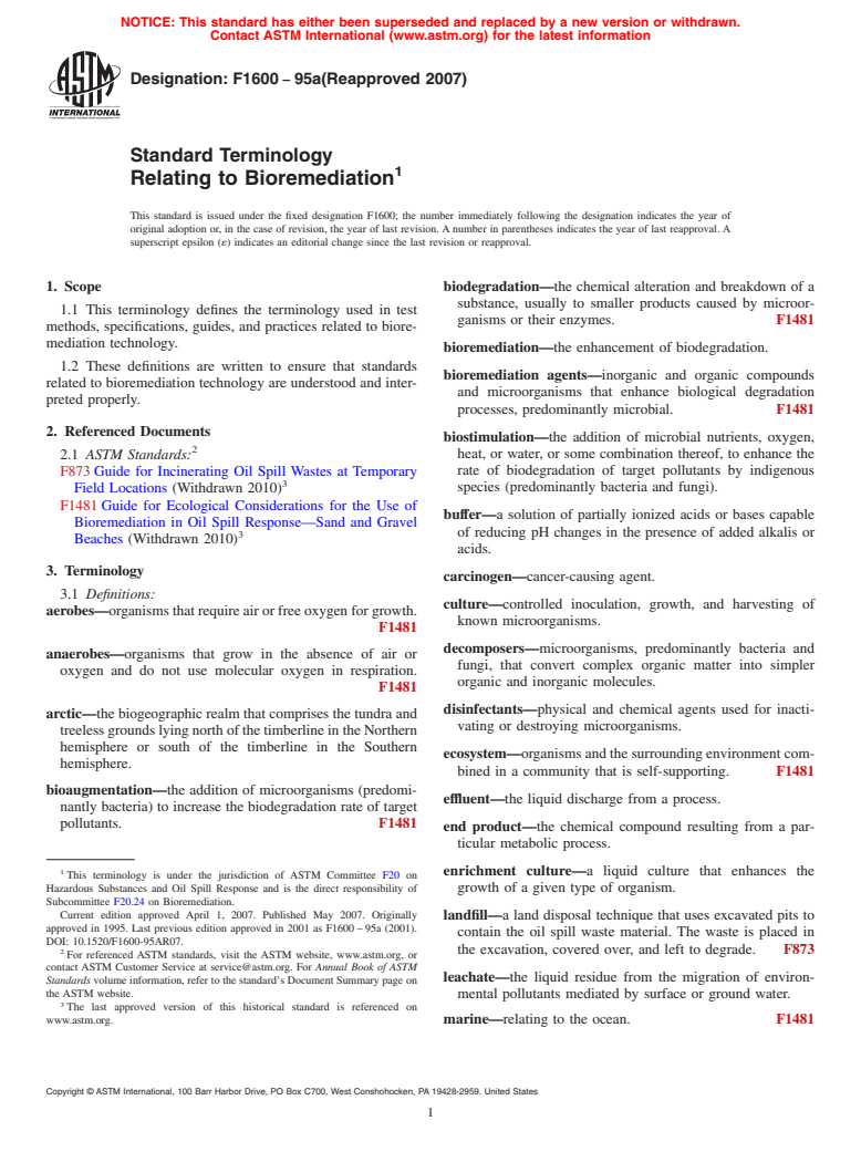 ASTM F1600-95a(2007) - Standard Terminology Relating to Bioremediation