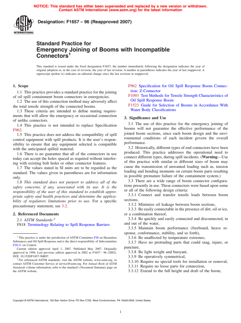 ASTM F1657-96(2007) - Standard Practice for Emergency Joining of Booms with Incompatible Connectors