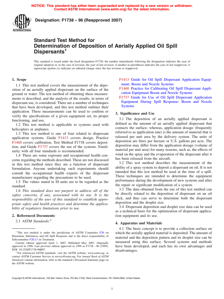 ASTM F1738-96(2007) - Standard Test Method for Determination of Deposition of Aerially Applied Oil Spill Dispersants