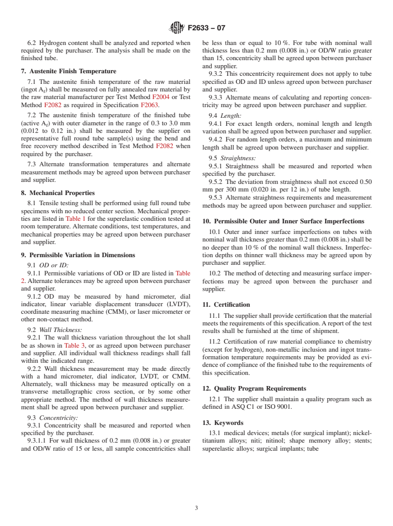 ASTM F2633-07 - Standard Specification for Wrought Seamless Nickel-Titanium Shape Memory Alloy Tube for Medical Devices and Surgical Implants