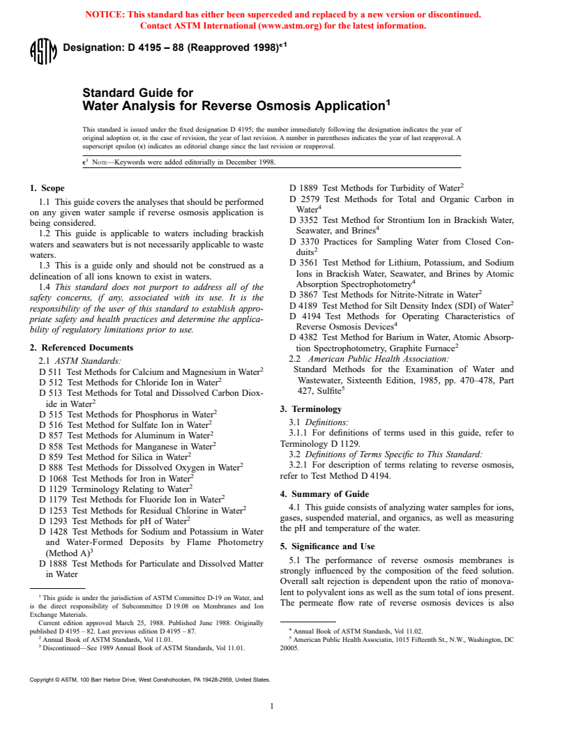 ASTM D4195-88(1998)e1 - Standard Guide for Water Analysis for Reverse Osmosis Application