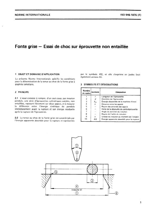 ISO 946:1975 - Fonte grise -- Essai de choc sur éprouvette non entaillée