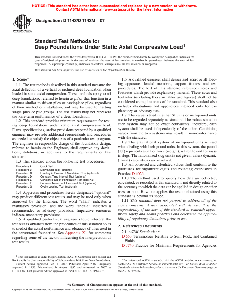 ASTM D1143/D1143M-07 - Standard Test Methods for  Deep Foundations Under Static Axial Compressive Load