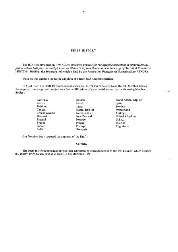 ISO/R 947:1969 ISO/R 947:1969 - Recommended practice for radiographic inspection of circumferential fusion welded butt joints in steel pipes up to 50 mm (2 in) wall thickness - Page 2 preview