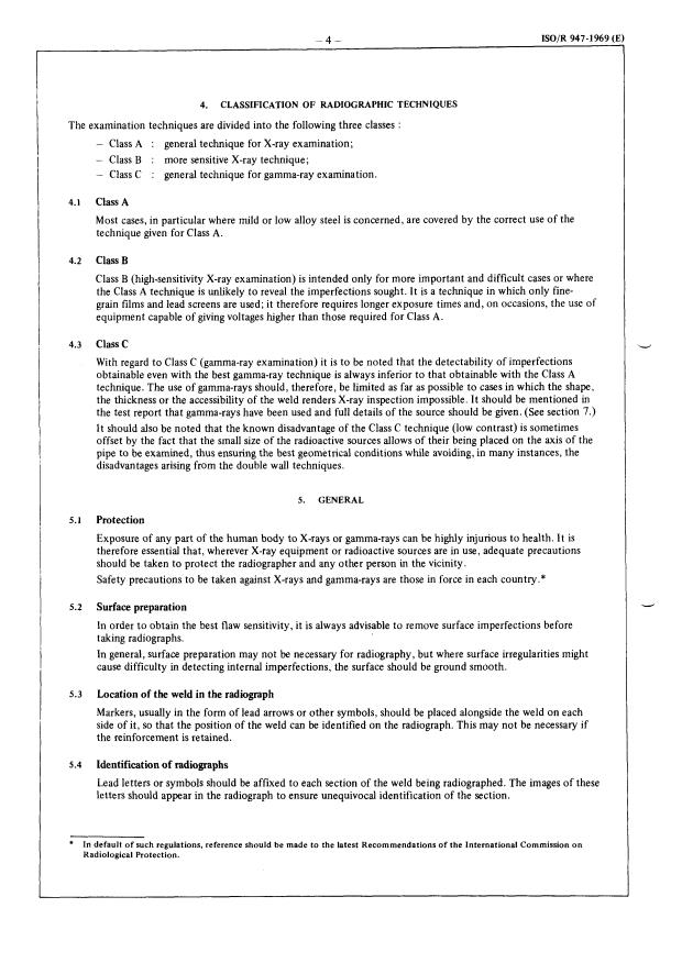 ISO/R 947:1969 ISO/R 947:1969 - Recommended practice for radiographic inspection of circumferential fusion welded butt joints in steel pipes up to 50 mm (2 in) wall thickness - Page 4 preview