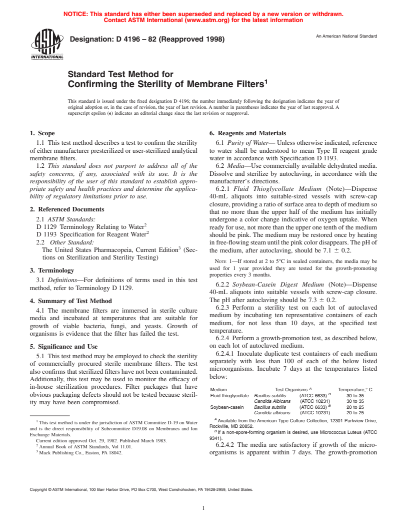 ASTM D4196-82(1998) - Standard Test Method for Confirming the Sterility of Membrane Filters