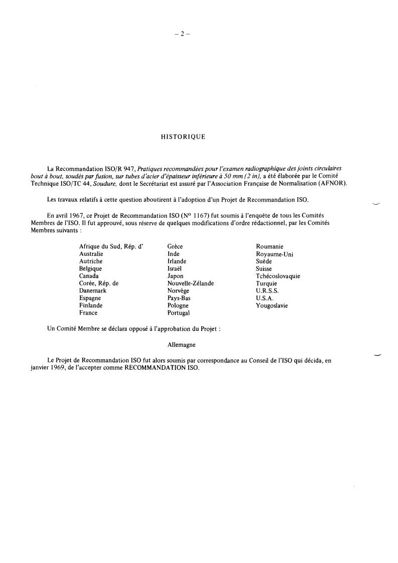 ISO/R 947:1969 ISO/R 947:1969 - Recommended practice for radiographic inspection of circumferential fusion welded butt joints in steel pipes up to 50 mm (2 in) wall thickness
Released:1/1/1969 - Page 2 preview