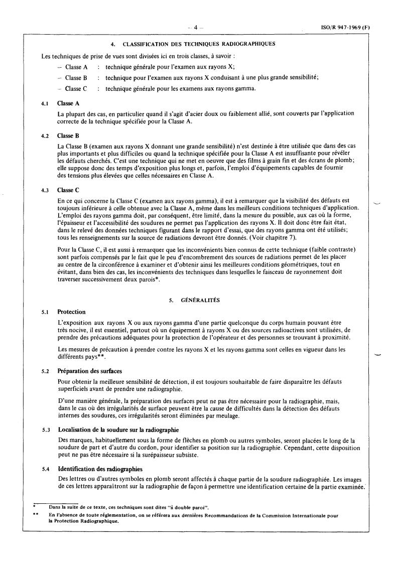 ISO/R 947:1969 ISO/R 947:1969 - Recommended practice for radiographic inspection of circumferential fusion welded butt joints in steel pipes up to 50 mm (2 in) wall thickness
Released:1/1/1969 - Page 4 preview