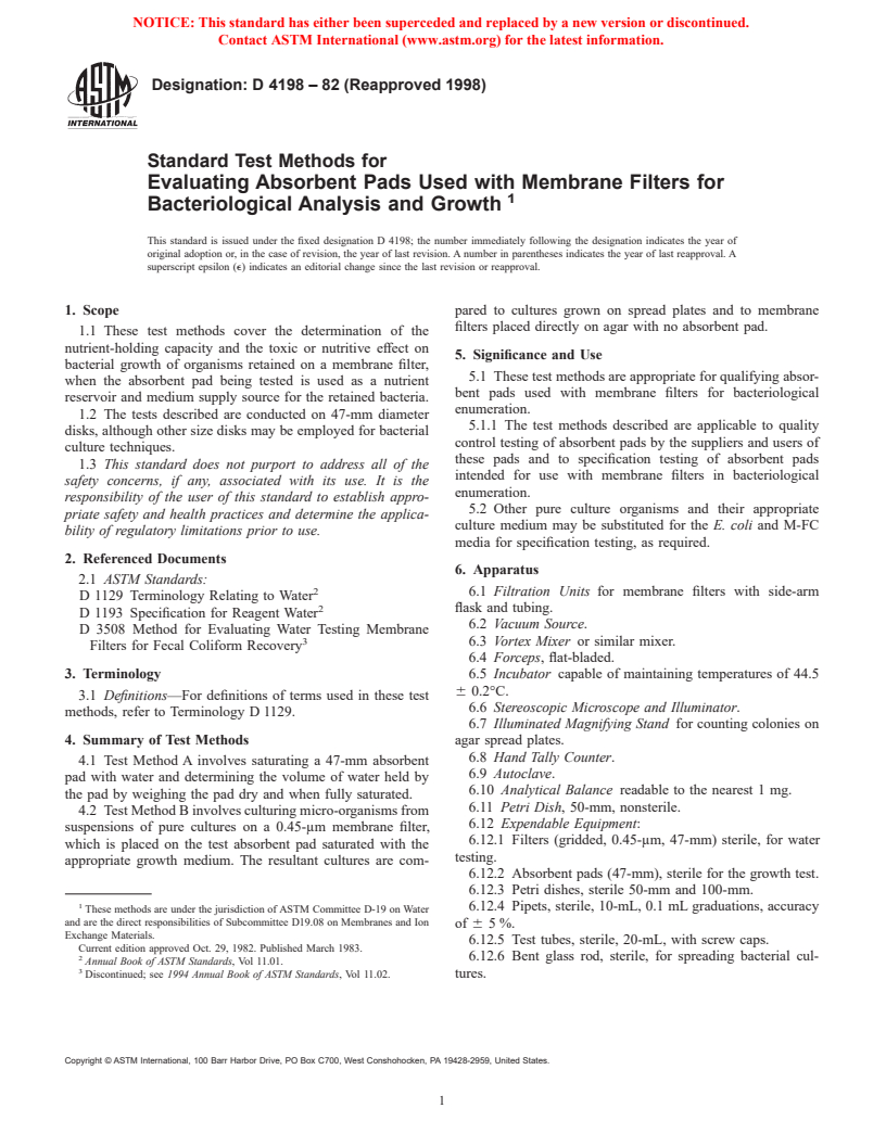 ASTM D4198-82(1998) - Standard Test Methods for Evaluating Absorbent Pads Used with Membrane Filters for Bacteriological Analysis and Growth