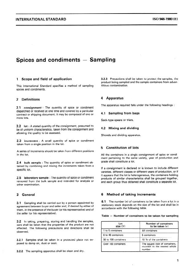 ISO 948:1980 - Spices and condiments -- Sampling